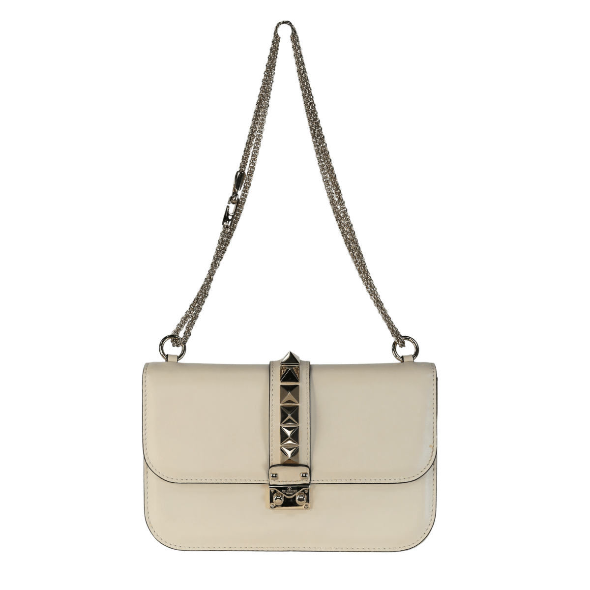 Valentino Garavani Cream Leather Medium Rockstud Glam Lock Crossbody Bag - Reliked
