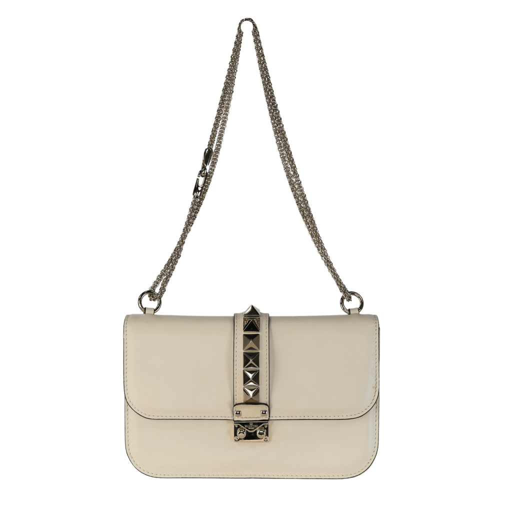Valentino Garavani Cream Leather Medium Rockstud Glam Lock Crossbody Bag - Reliked