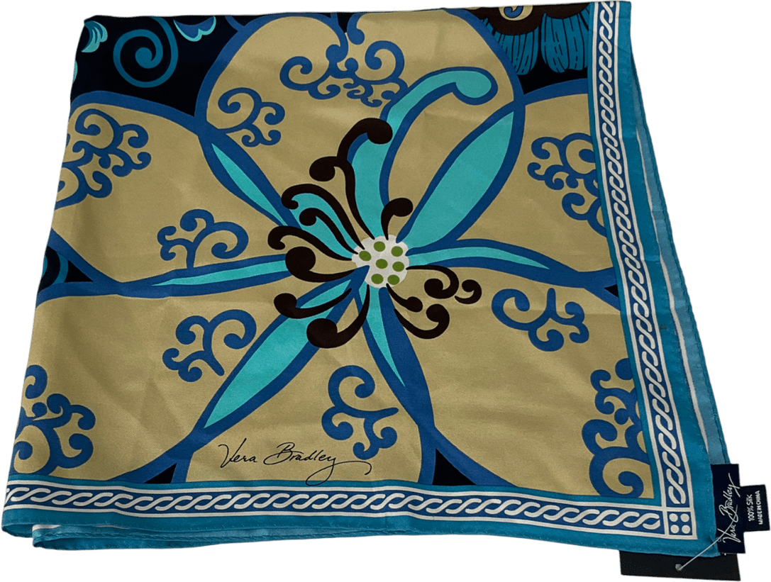 vera bradley Silk Scarf Blue Tan Mod Floral Retro One Size - Reliked