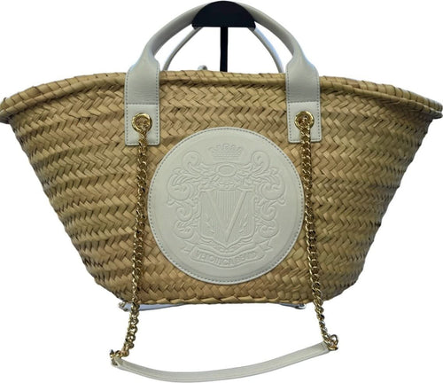 Veronica Beard White Crest Raffia Market Tote - Natural Straw/white - Reliked