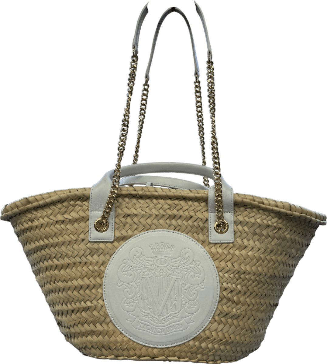 Veronica Beard White Crest Raffia Market Tote - Natural Straw/white - Reliked