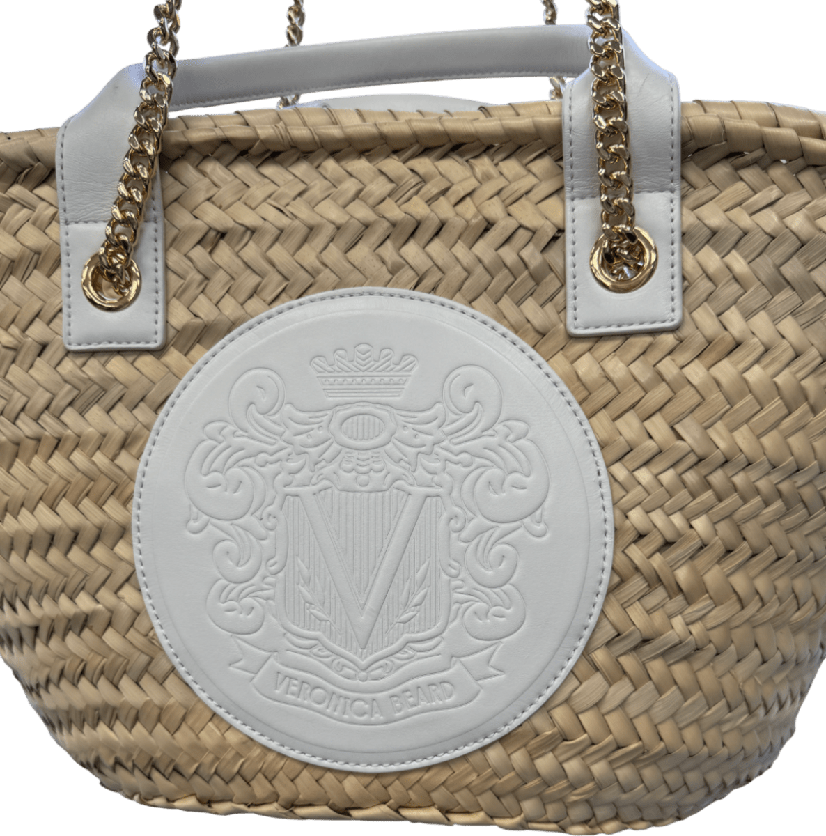 Veronica Beard White Crest Raffia Market Tote - Natural Straw/white - Reliked