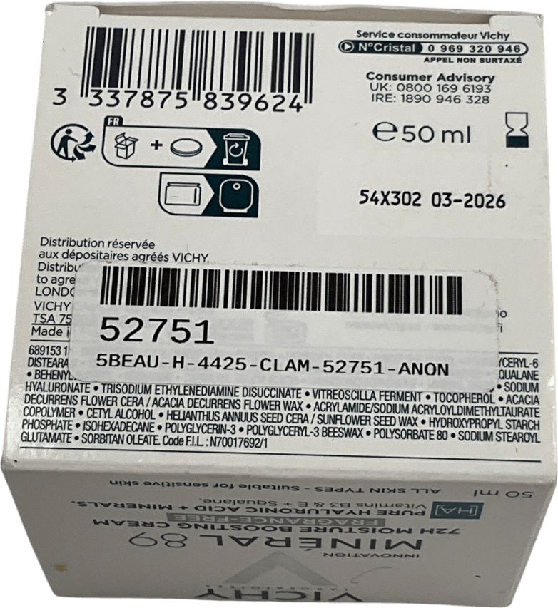 Vichy Mineral 89 72 Hr Hyaluronic Acid Moisture Boosting Cream Fragrance Free 50ml - Reliked