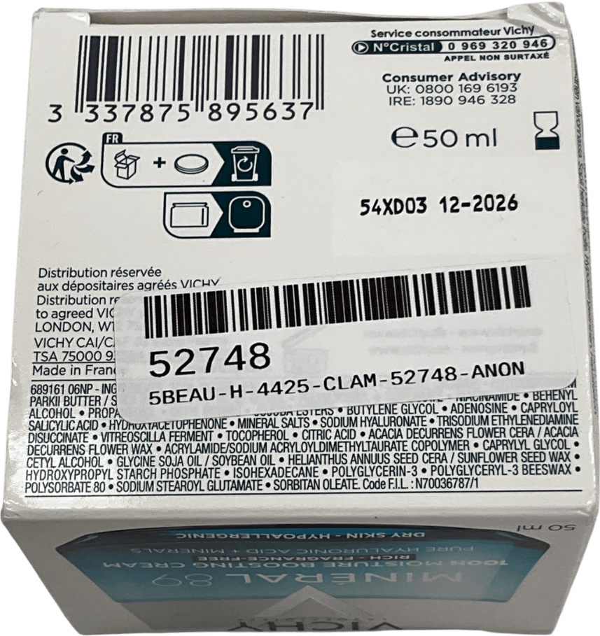 Vichy Minéral 89 72h Moisture Boosting Cream, Fragrance - free Face Moisturiser 50ml - Reliked