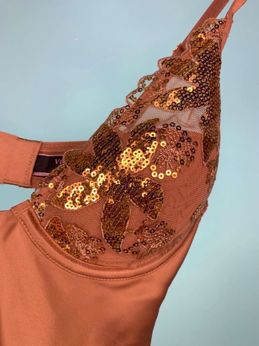 Victoria's Secret Brown Sequin Lace Trim Chemise Dress UK XS - Reliked