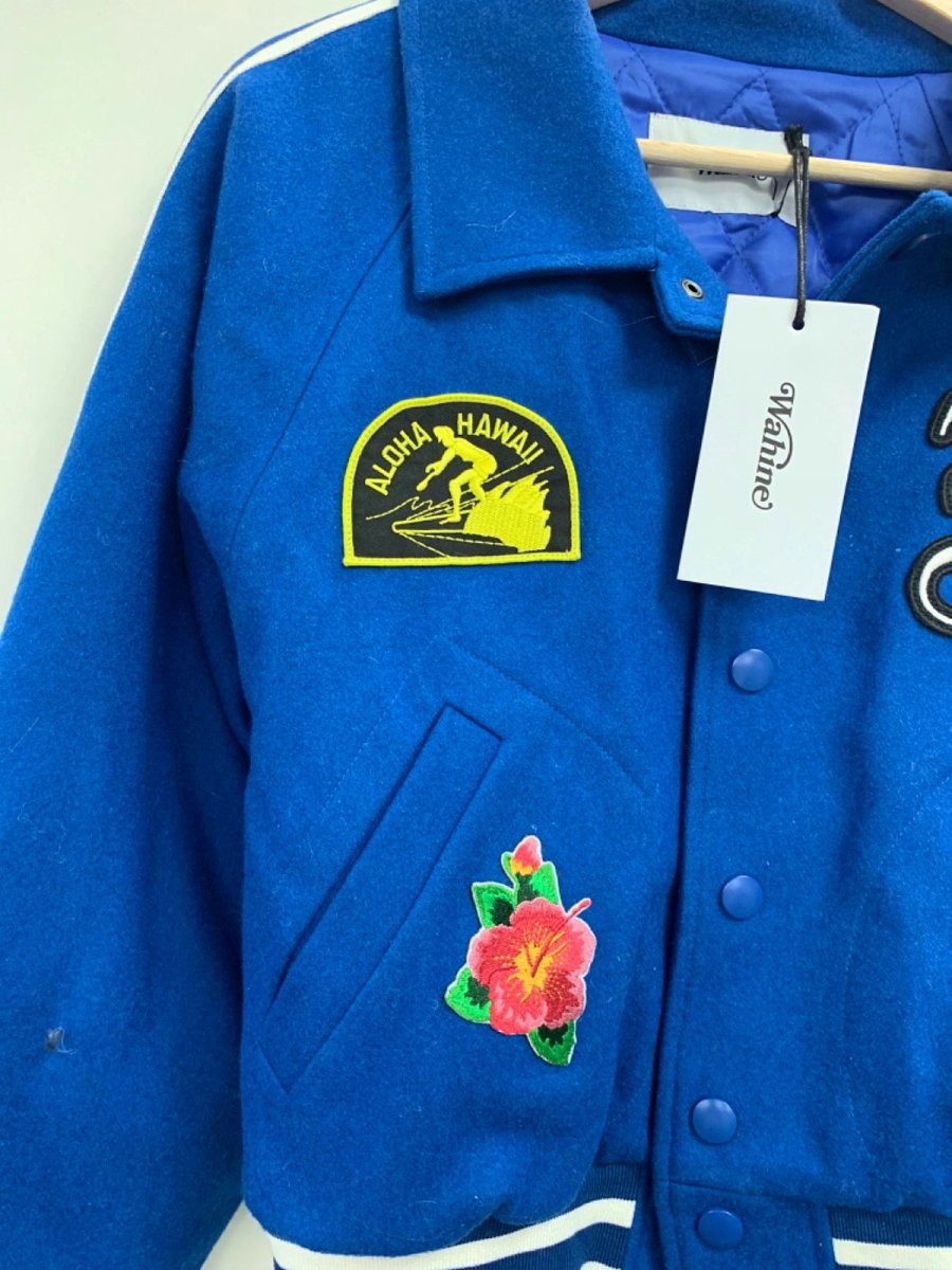 Wahine Blue Embroidered Varsity Jacket UK XS - Reliked