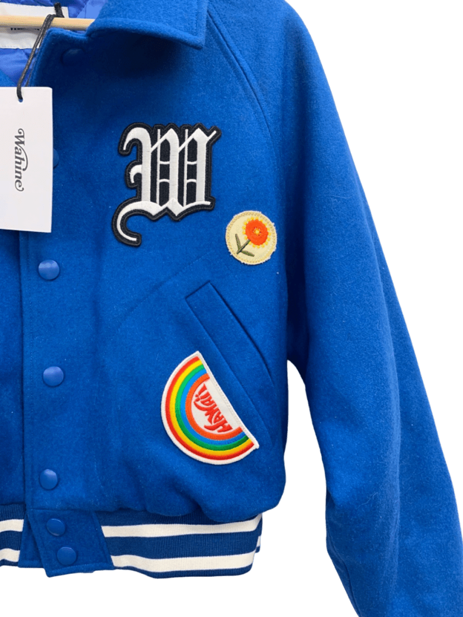 Wahine Blue Embroidered Varsity Jacket UK XS - Reliked