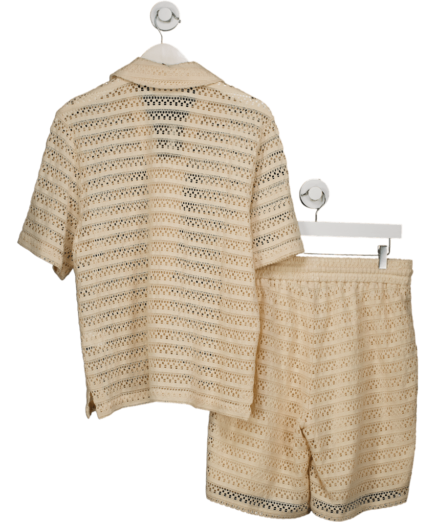 Wao Beige Floral Crochet Camp Shirt And Shorts UK S - Reliked