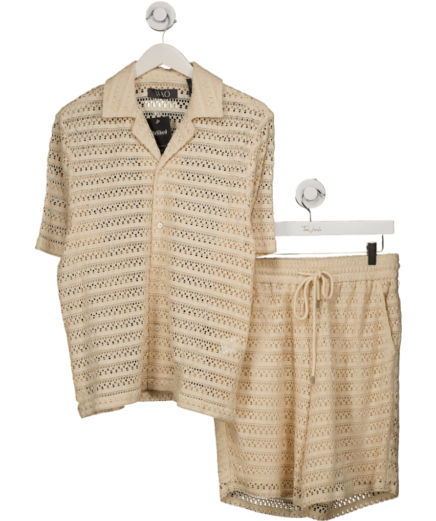 Wao Beige Floral Crochet Camp Shirt And Shorts UK S - Reliked