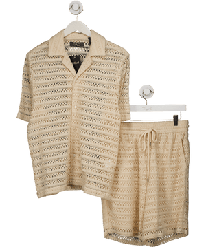 Wao Beige Floral Crochet Camp Shirt And Shorts UK S