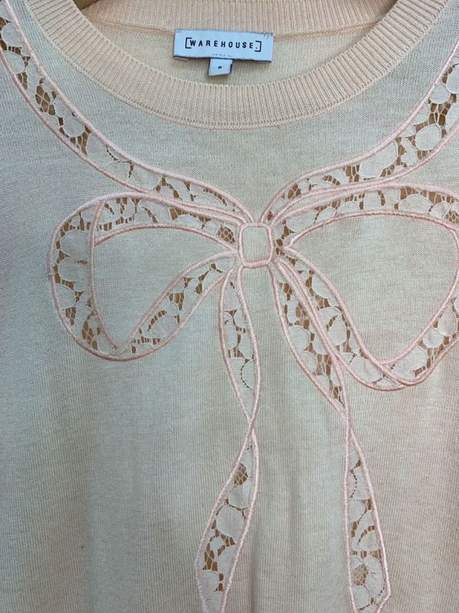 Warehouse Beige Lace Bow Detail Jumper UK 8 - Reliked