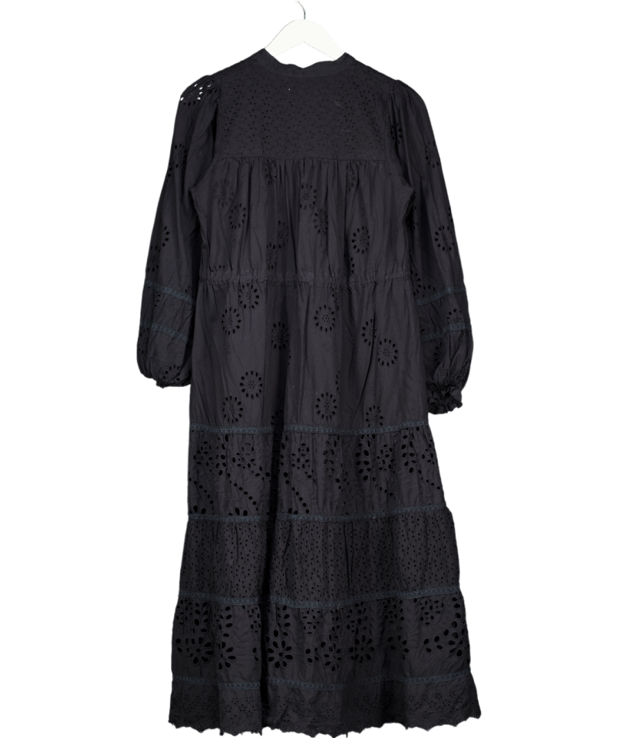 Warehouse Black Broderie Drawstring Waist Midi Dress UK 10 - Reliked