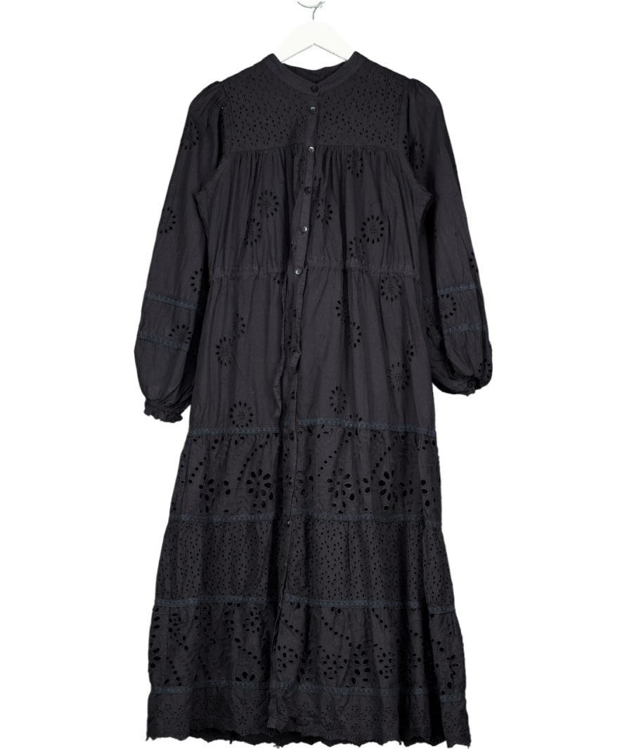 Warehouse Black Broderie Drawstring Waist Midi Dress UK 10 - Reliked
