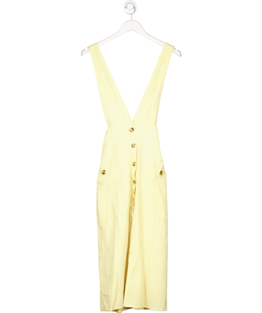 Warehouse Butter Yellow Linen Midi Pinafore Dress UK 8 - Reliked