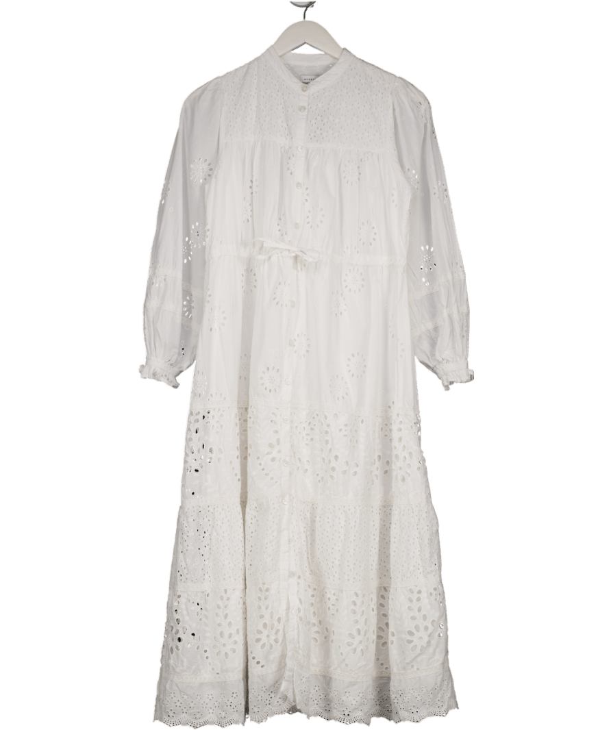 Warehouse White Broderie Drawstring Waist Midi Dress UK 10 - Reliked