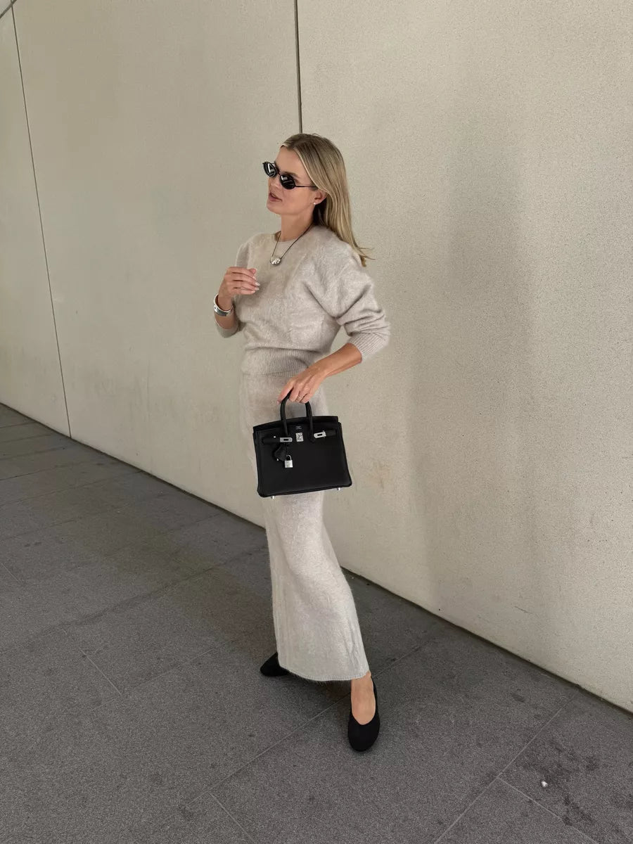 almada label Beige 2-piece 100% Cashmere Brushed Cashmere Jumper And Maxi Skirt Set UK M