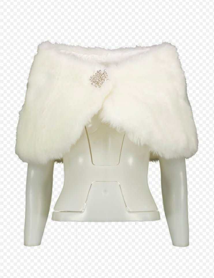 White Faux Fur Shawl with crystal brooch detail One Size - Reliked