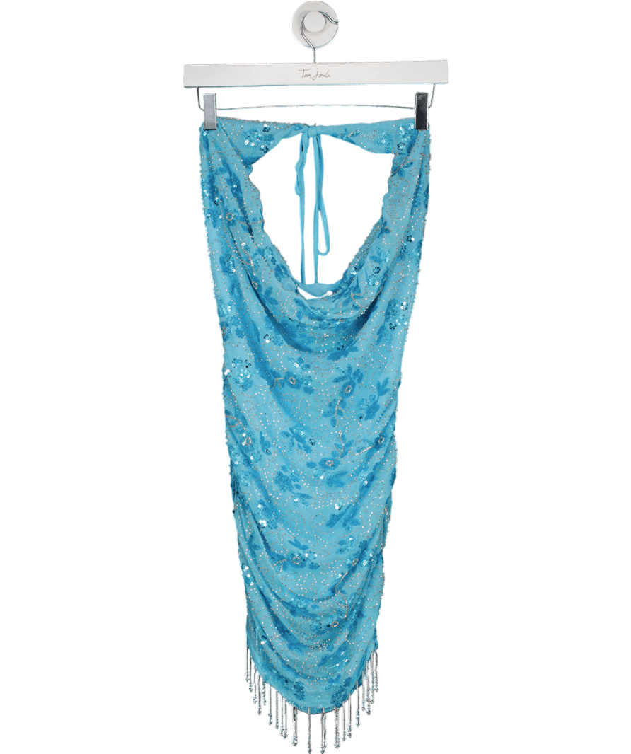 White Fox Barcelona Dreams Beaded Mini Dress Baby Blue UK S - Reliked