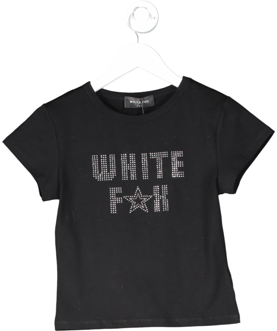 White Fox Black Rhinestone Logo T-shirt UK S - Reliked