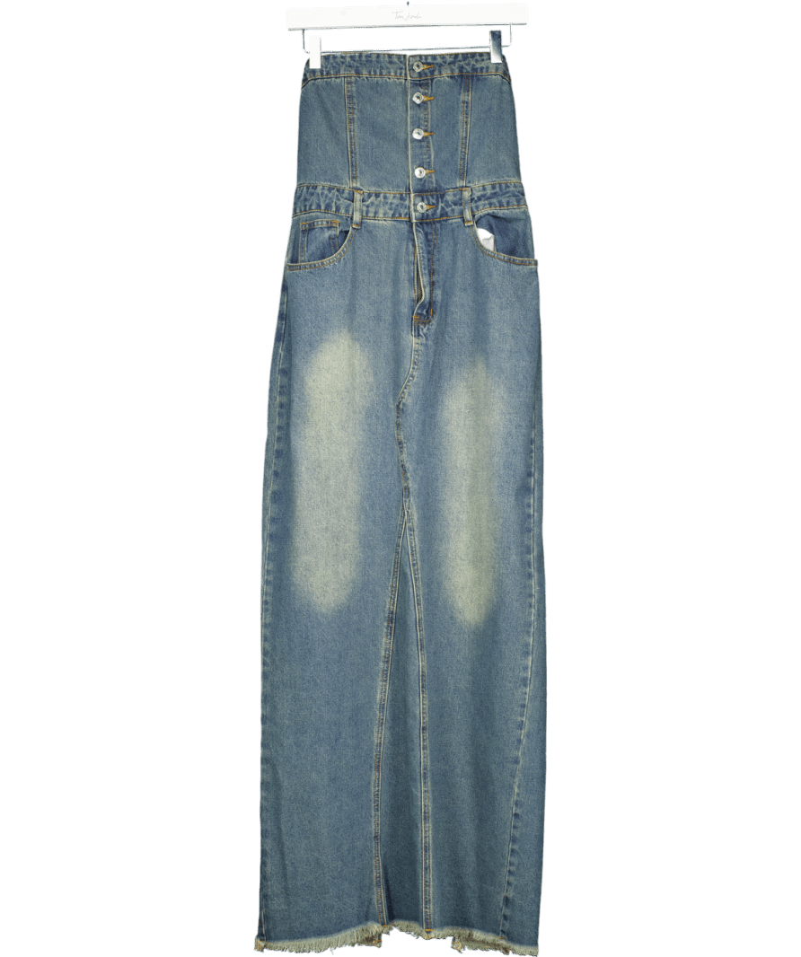 White Fox Blue Strapless Denim Maxi Dress UK M - Reliked