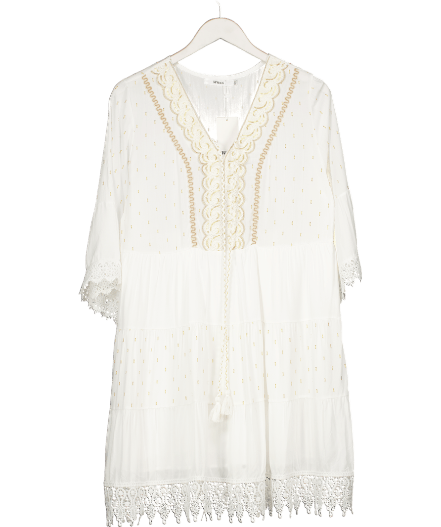 Whoo White / Gold Lace Trim Dress UK M/L - Reliked