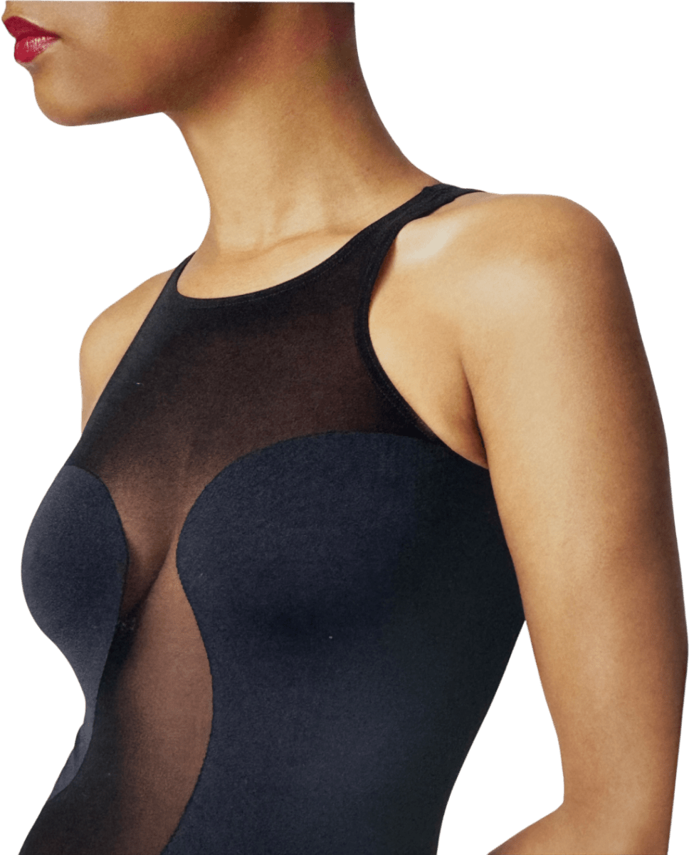 Wolford Black Satin Sheer Wave Detail Bodysuit UK S - Reliked