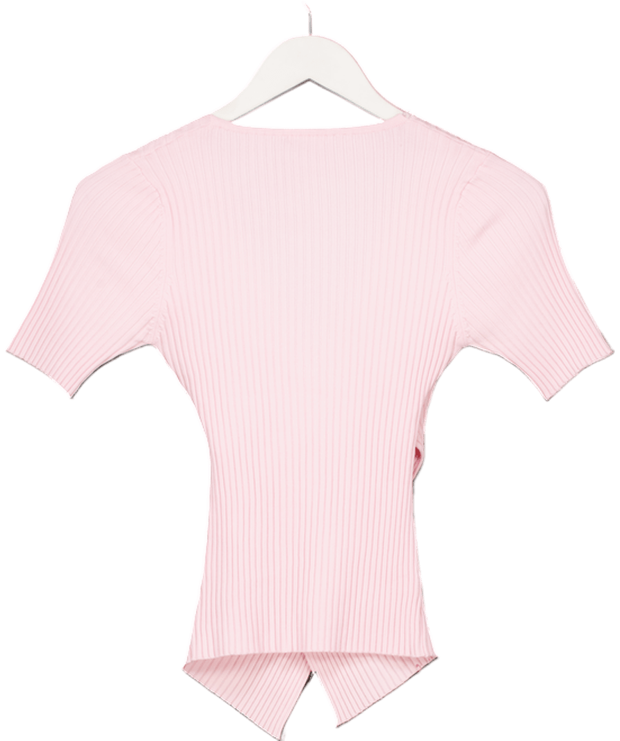 Y - LONDON Baby Pink Rib Knit Wrap Front Top UK S - Reliked