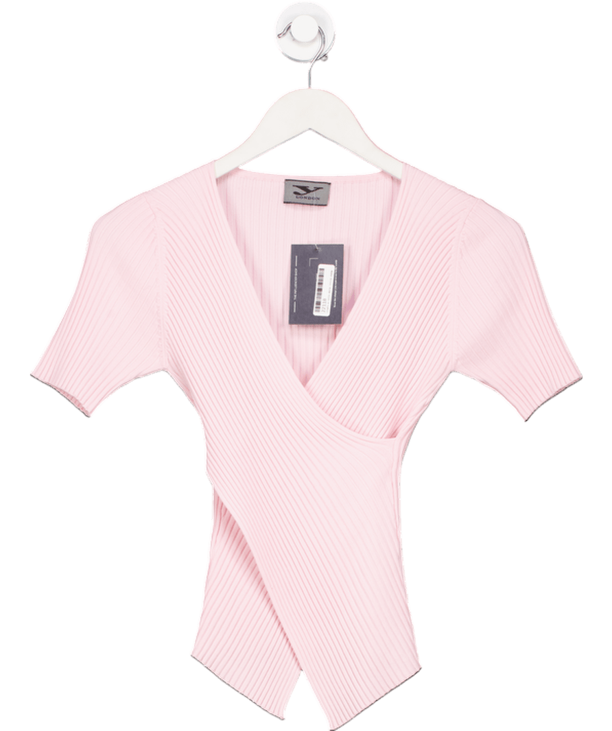 Y - LONDON Baby Pink Rib Knit Wrap Front Top UK S - Reliked