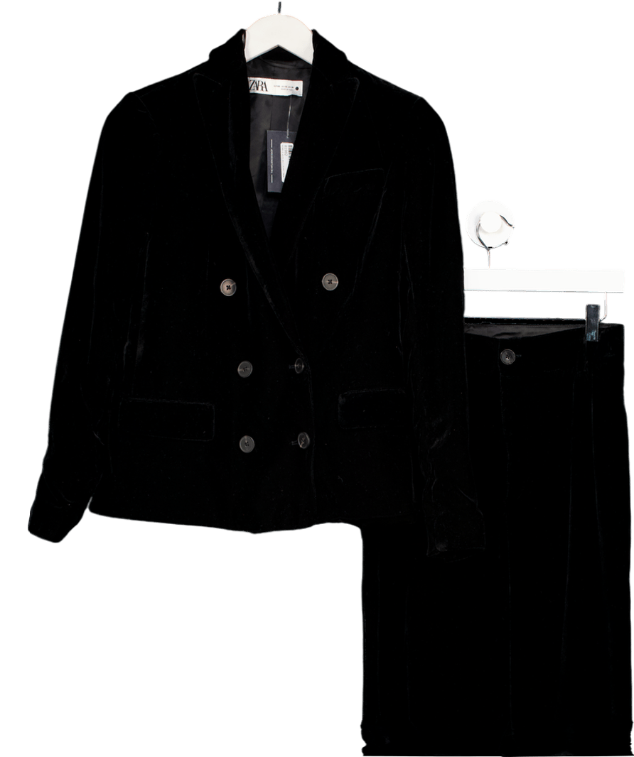 ZARA 2 Piece Black Velvet Double Breasted Blazer & Trousers Set UK XS - Reliked