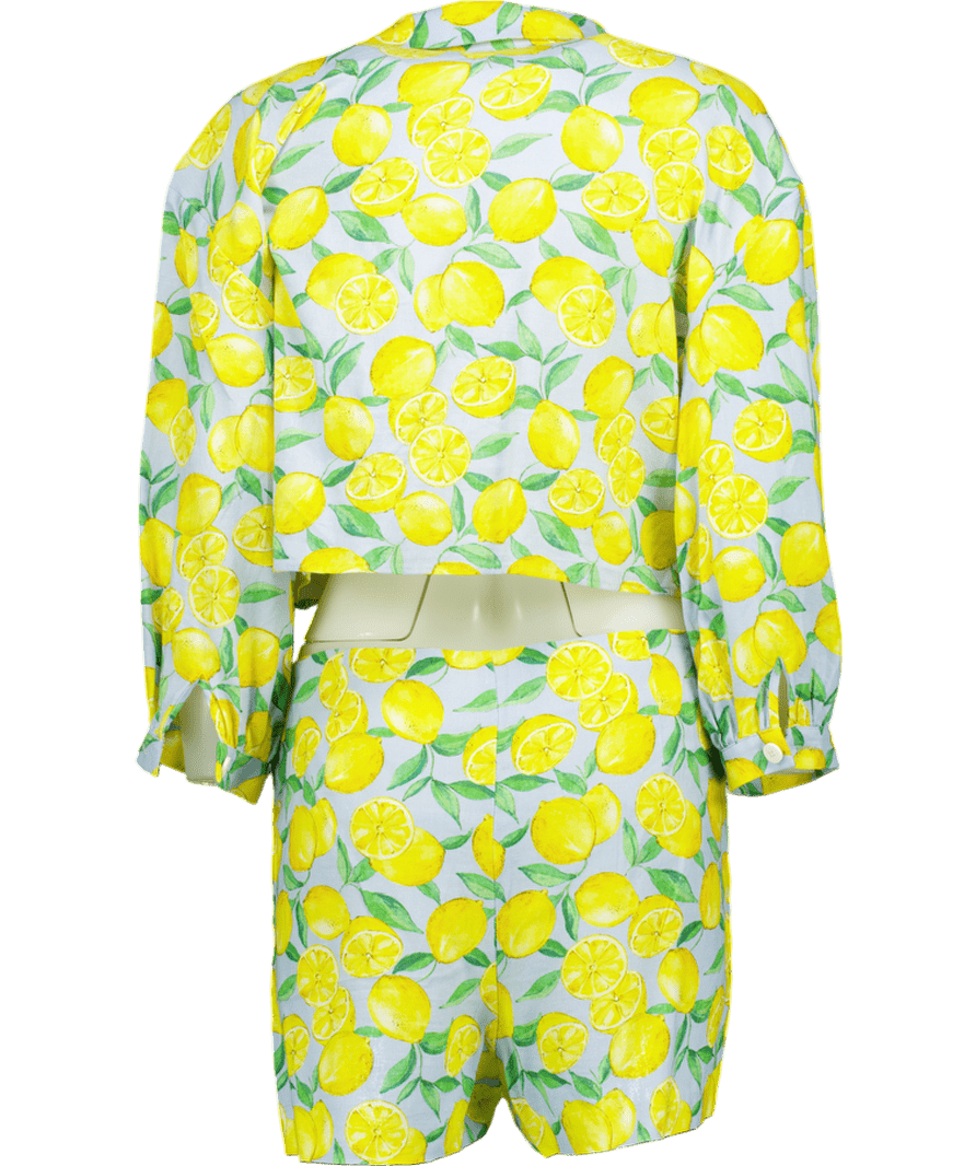 ZARA 2 - piece Blue / Yellow Lemons Printed Linen Blend Shorts & Shirt Co Ord Set UK L - Reliked