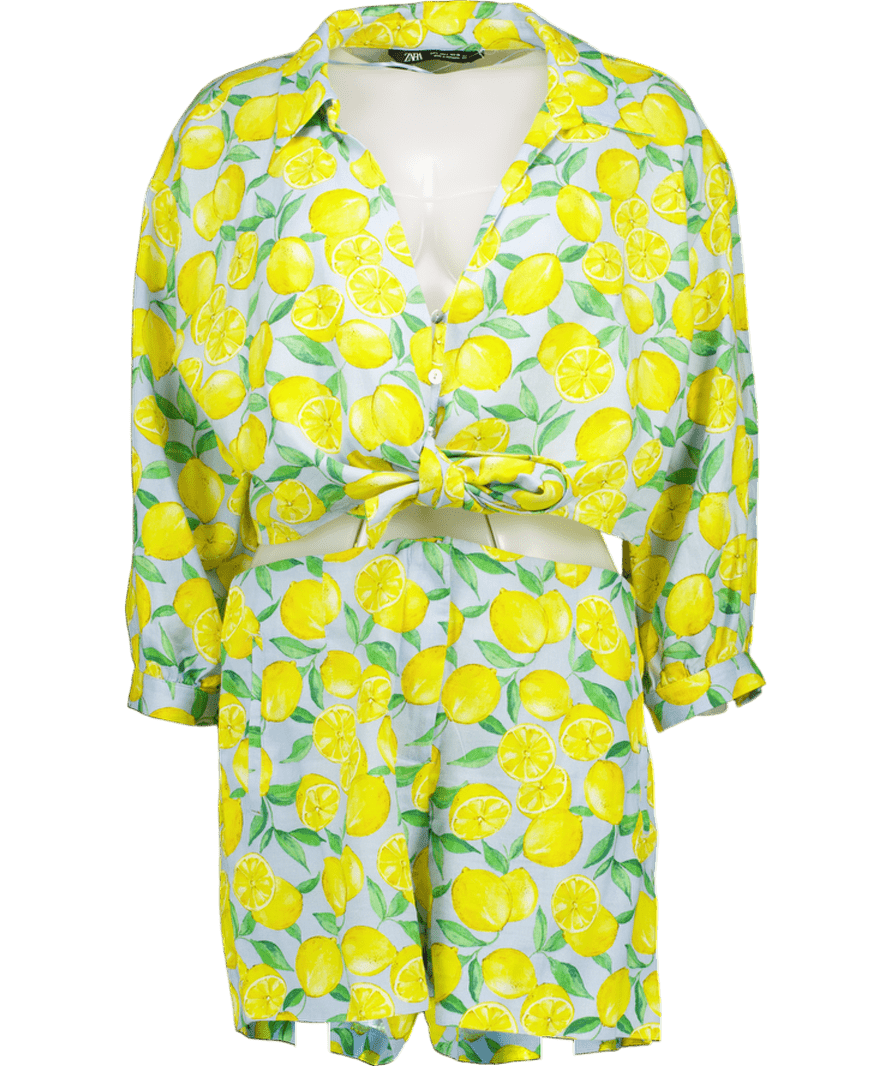 ZARA 2 - piece Blue / Yellow Lemons Printed Linen Blend Shorts & Shirt Co Ord Set UK L - Reliked