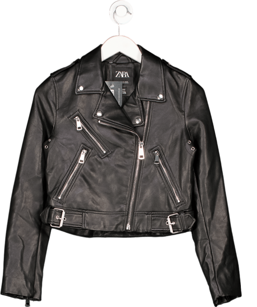 ZARA Black Faux Leather Biker Jacket UK XS - Reliked