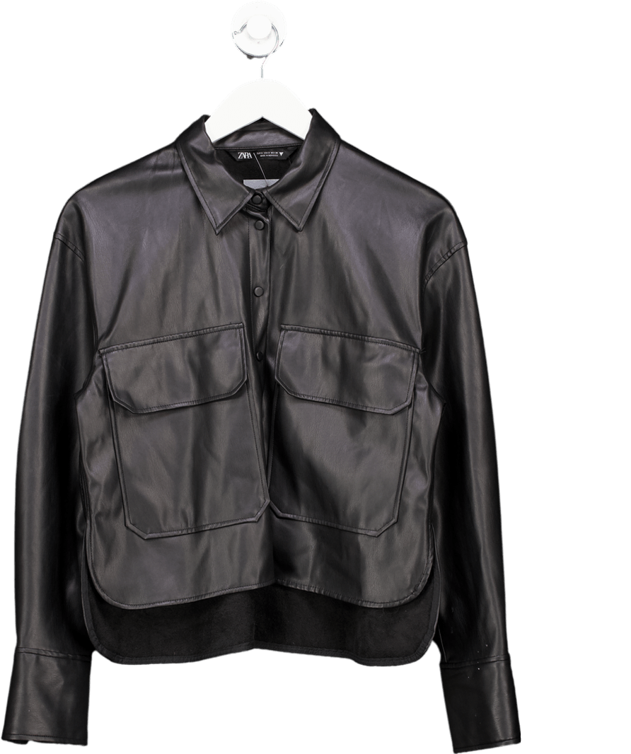 ZARA Black Faux Leather Shirt UK S - Reliked