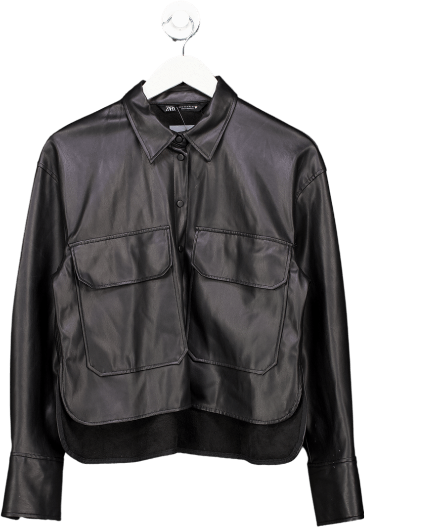 ZARA Black Faux Leather Shirt UK S - Reliked