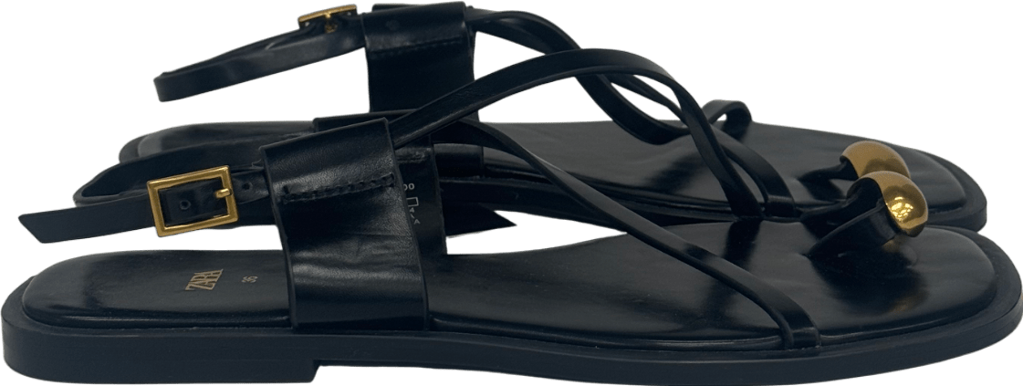 ZARA Black Flat Strap Sandals With Metal Adornment UK 3 EU 36 👠 - Reliked