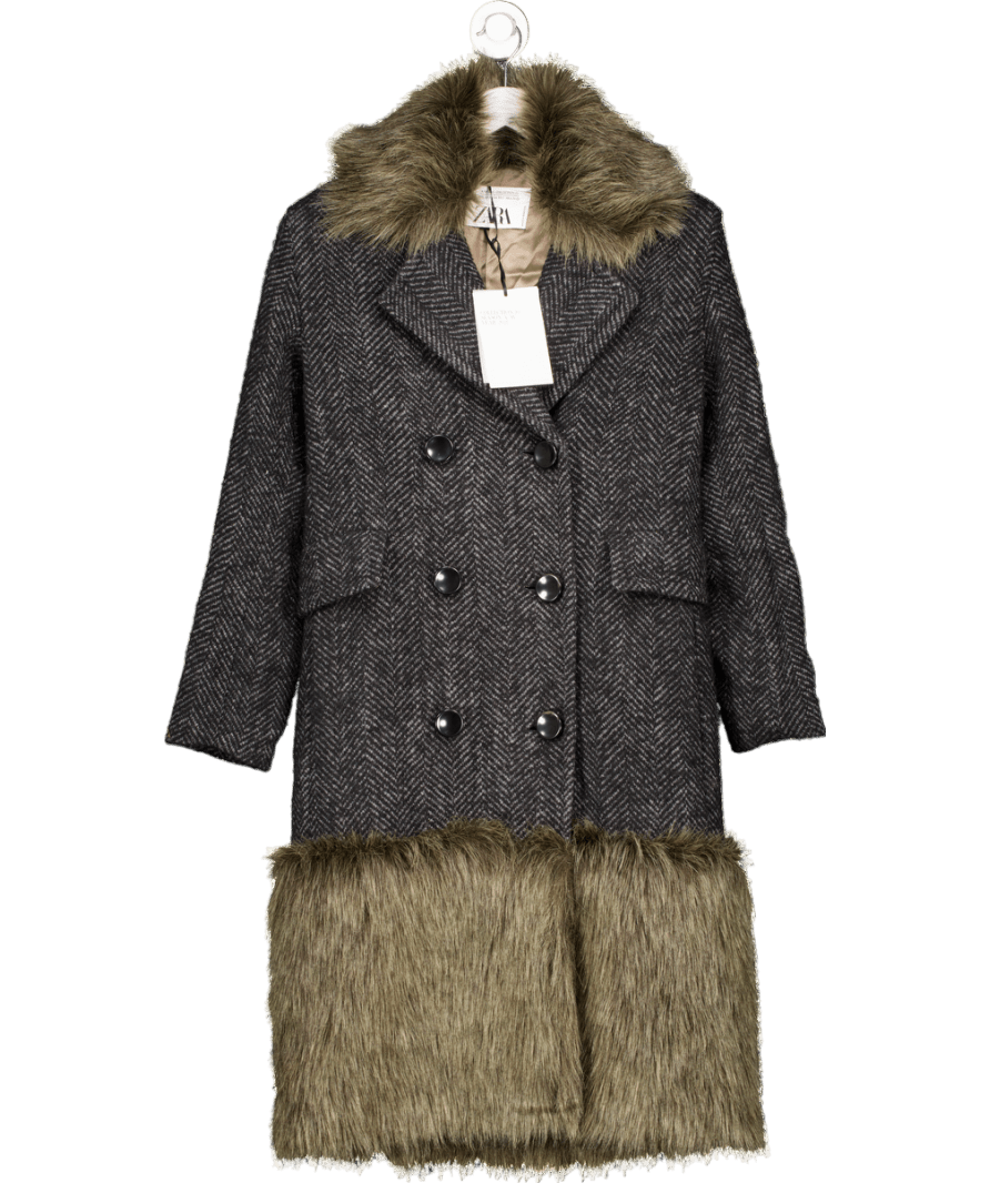ZARA Black / Grey Herringbone Fur Trimmed Coat UK XS/S - Reliked