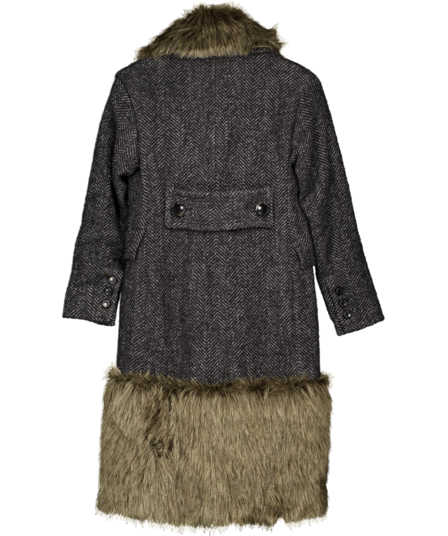 ZARA Black / Grey Herringbone Fur Trimmed Coat UK XS/S - Reliked