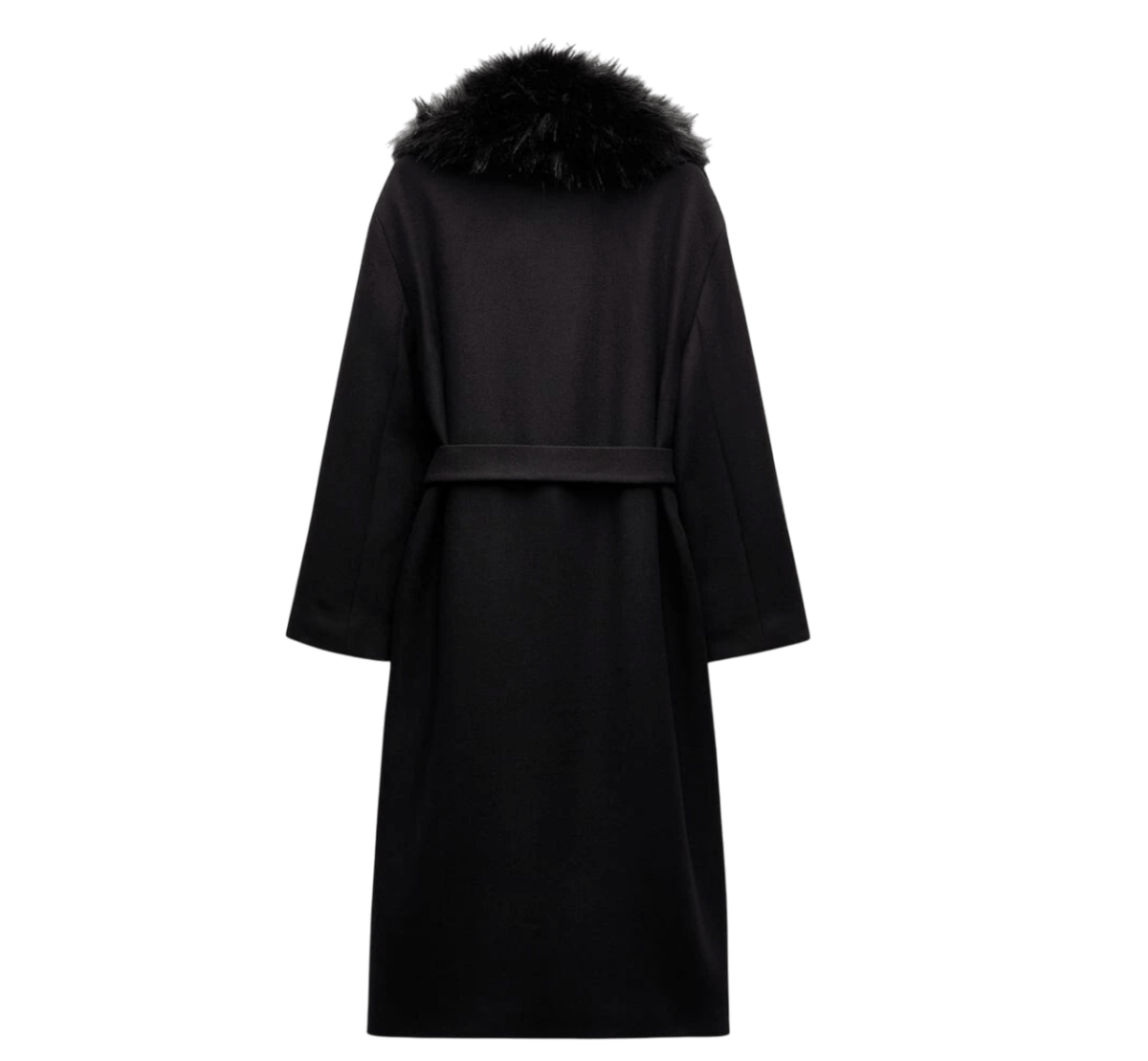 ZARA Black Manteco Italian Wool Belted Coat With Detachable Fur Collar UK XS - Reliked