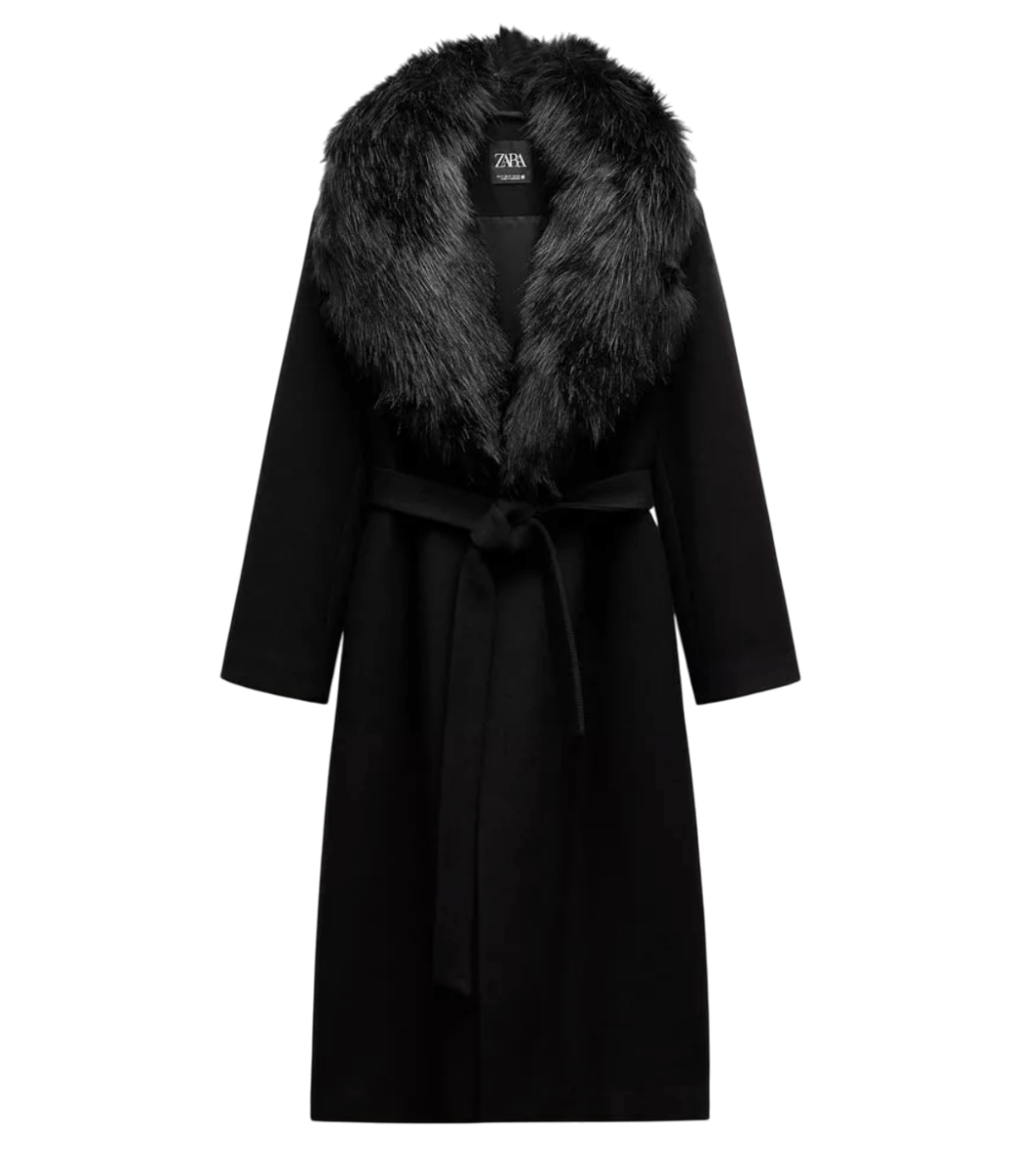 ZARA Black Manteco Italian Wool Belted Coat With Detachable Fur Collar UK XS - Reliked
