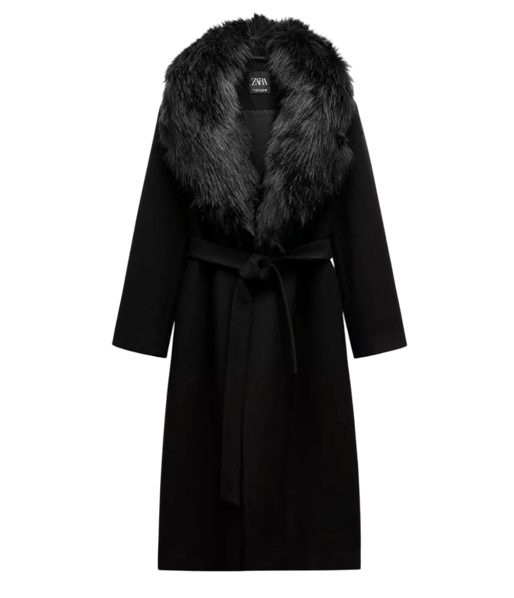 ZARA Black Manteco Italian Wool Belted Coat With Detachable Fur Collar UK XS - Reliked