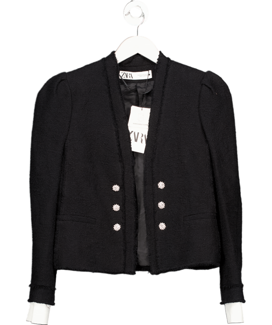 ZARA Black Puff Sleeve Embellished Button Boucle Tweed Jacket UK XS - Reliked