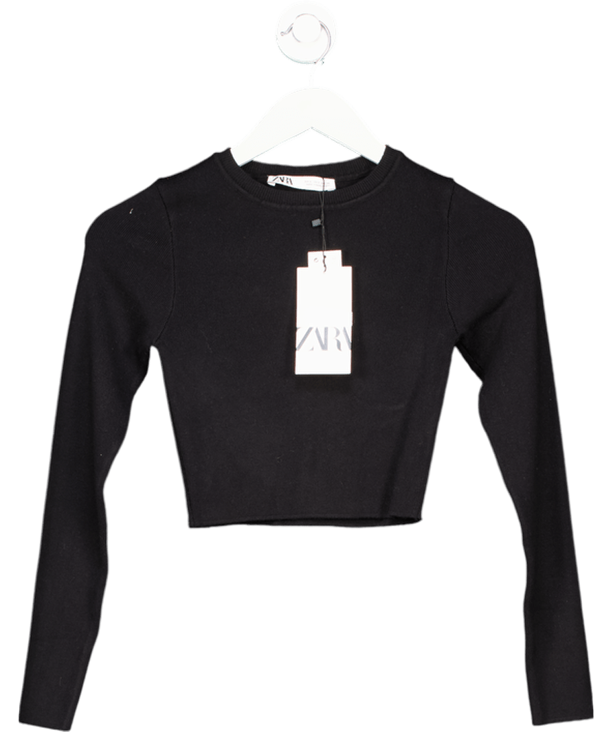ZARA Black Rib - knit Long Sleeve Cropped Sweater Top UK S - Reliked