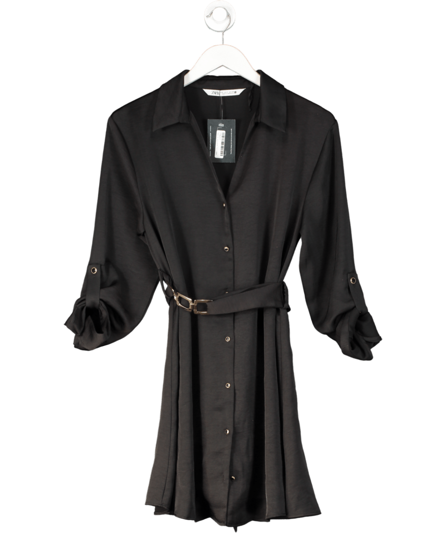 ZARA Black Satin Belted Midi Dress UK S - Reliked