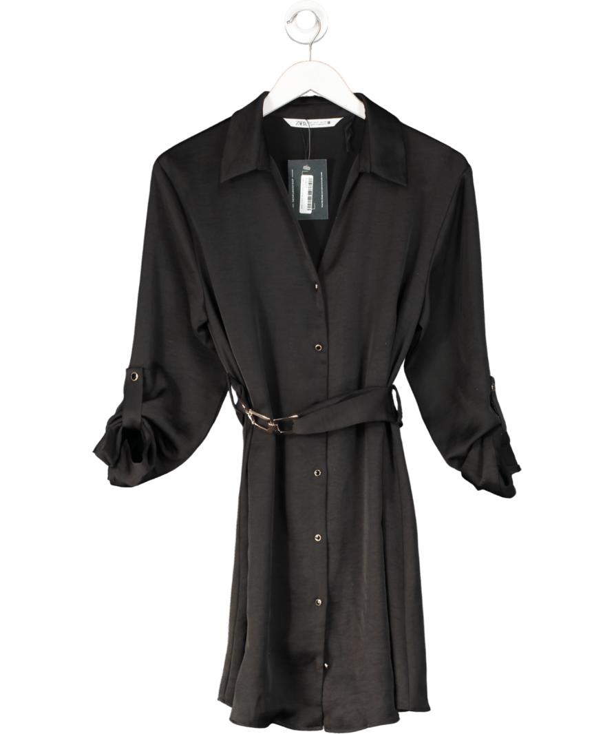 ZARA Black Satin Belted Midi Dress UK S - Reliked