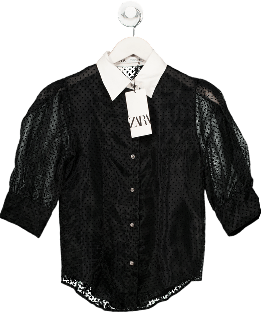 ZARA Black Sheer Puff Sleeve Polka Dot Shirt With Diamante Buttons UK XS - Reliked
