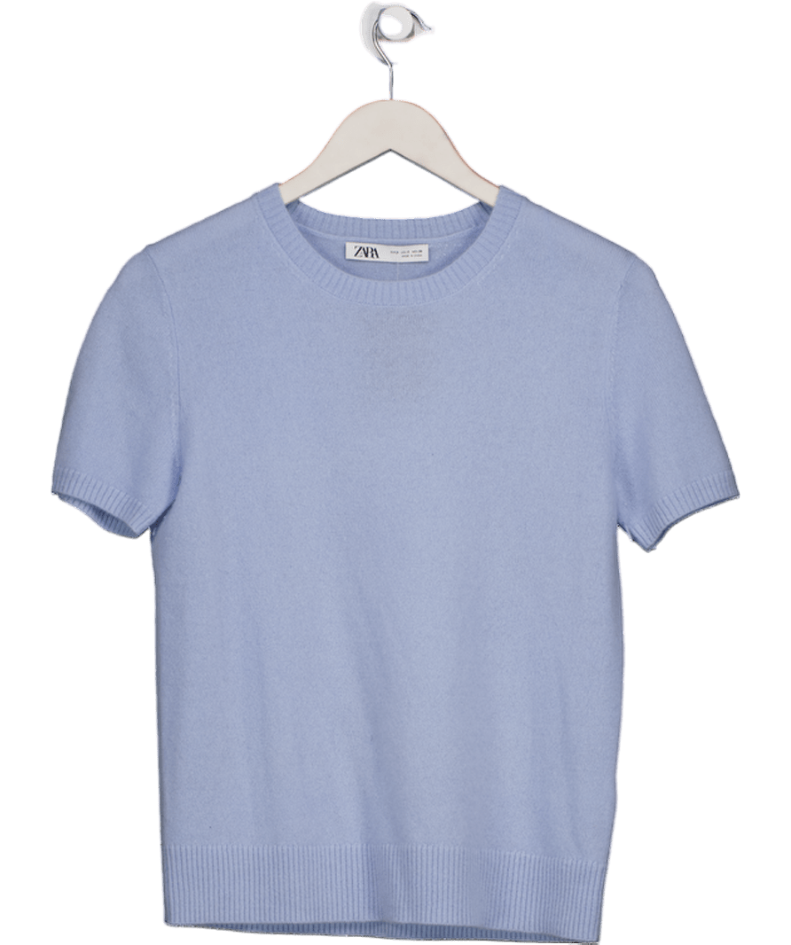 ZARA Blue 100% Wool Short Sleeve Jumper UK S - Reliked