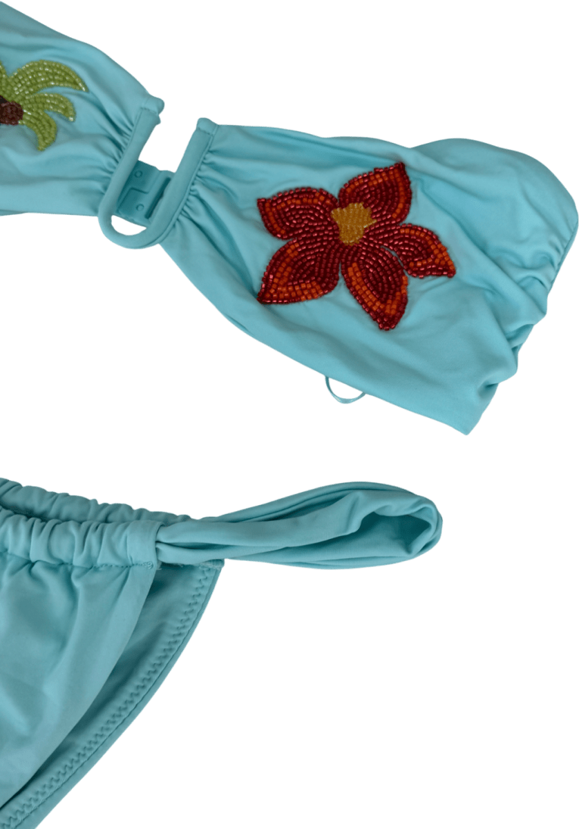 ZARA Blue 2 - piece Palm Tree Beaded Bikini Set UK S - Reliked