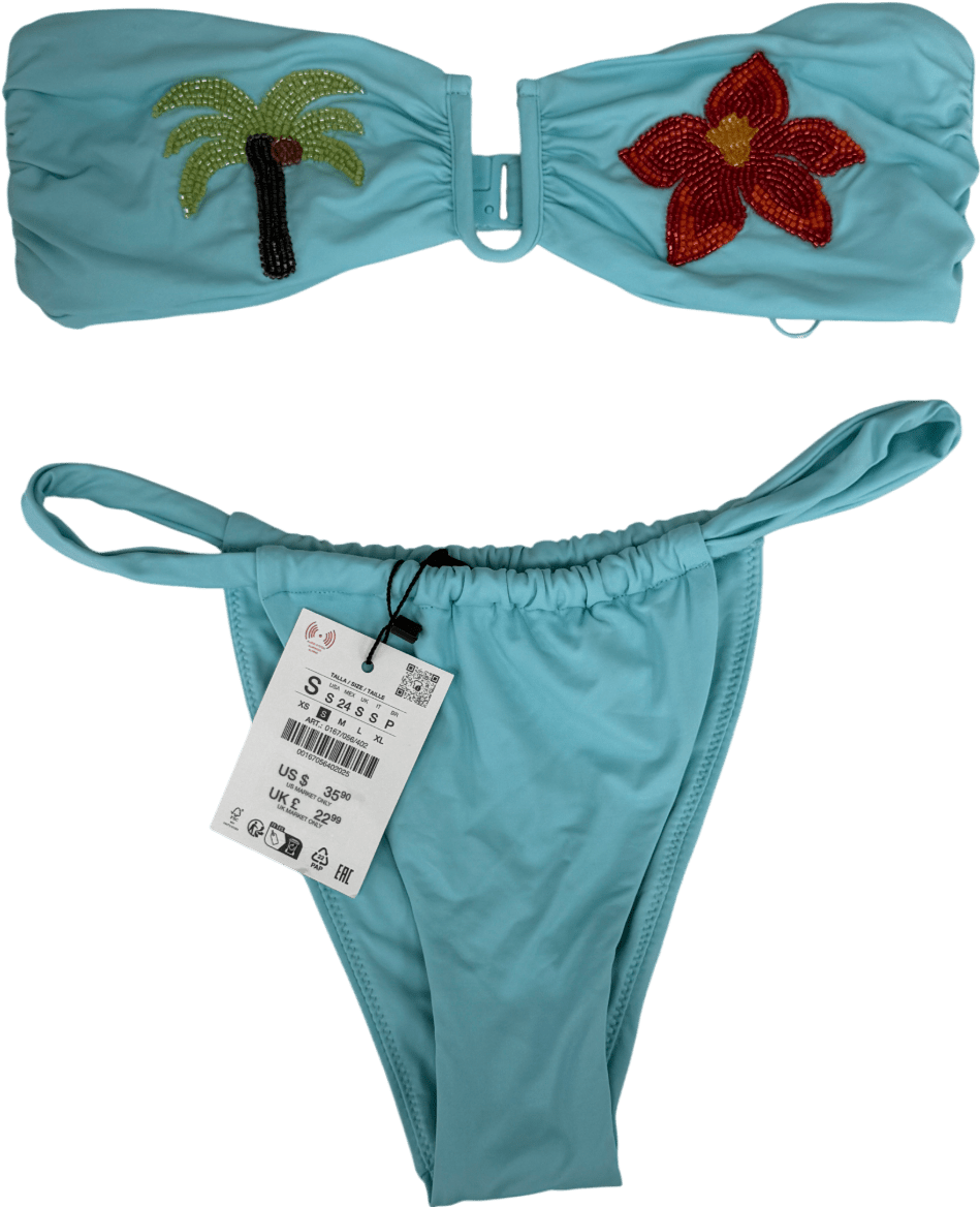 ZARA Blue 2 - piece Palm Tree Beaded Bikini Set UK S - Reliked