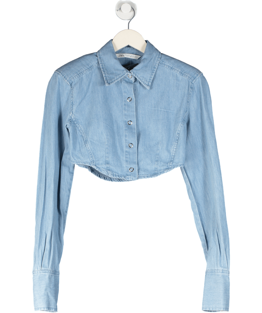 ZARA Blue Cropped Long Sleeve Denim Top UK S - Reliked