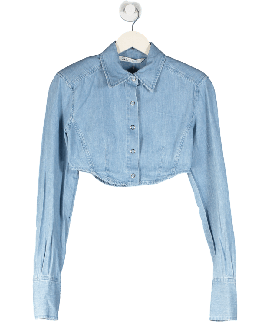 ZARA Blue Cropped Long Sleeve Denim Top UK S - Reliked